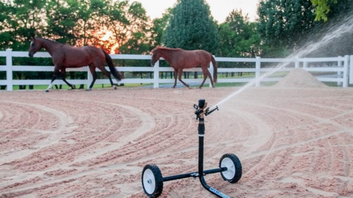 Two horses in an exercise arena with a white picket fence and a wheeled sprinkler cart from Big Sprinkler in the foreground being used to suppress the dust