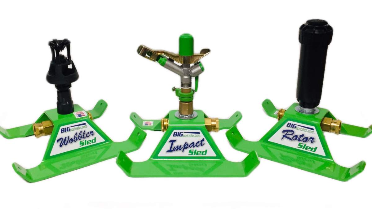 All three of the new heavy-duty residential sled based sprinklers with a green powder-coated base